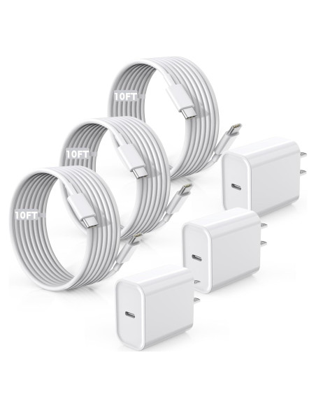 Cargador Rápido USB-C 20W + Cable 10FT para iPhone 16/15