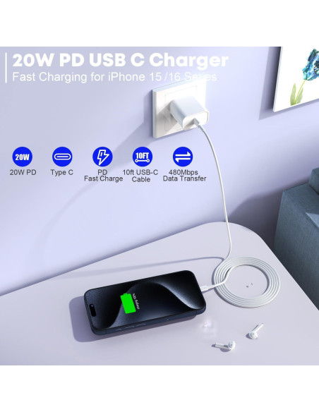 Cargador Rápido USB-C 20W + Cable 10FT para iPhone 16/15
