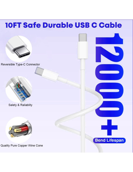 Cargador Rápido USB-C 20W + Cable 10FT para iPhone 16/15