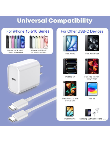 Cargador Rápido USB-C 20W + Cable 10FT para iPhone 16/15