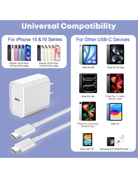Cargador Rápido USB-C 20W + Cable 10FT para iPhone 16/15