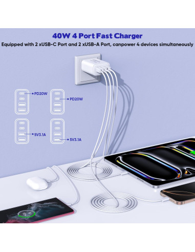 Cargador Rápido 40W 4 Puertos USB-C y A + 2 Cables 10 pies