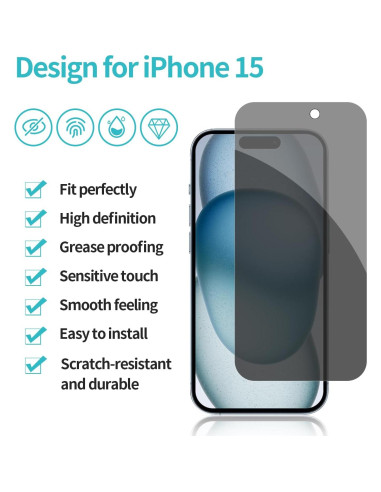 Protector de Pantalla Privado Pehael para iPhone 15 - 4 Piezas