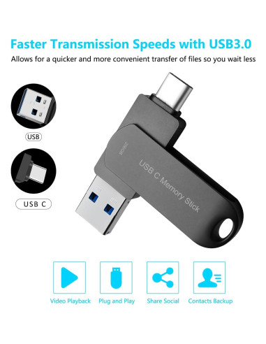 Unidad Flash 256GB HUPINS USB C Alta Velocidad 170MB/S Negro