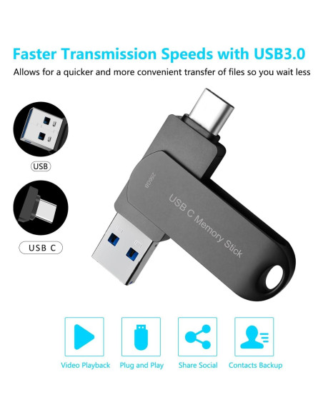 Unidad Flash 256GB HUPINS USB C Alta Velocidad 170MB/S Negro