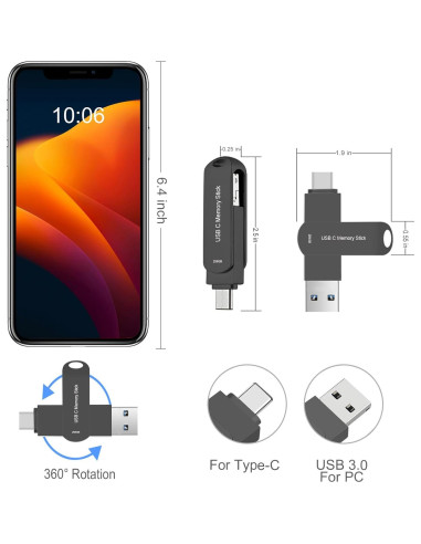 Unidad Flash 256GB HUPINS USB C Alta Velocidad 170MB/S Negro