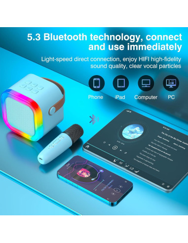 Mini Máquina de Karaoke Bluetooth K12 Azul con 2 Micrófonos