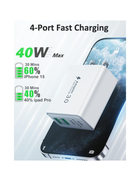 Cargador USB C KOUEMGI 2-Pack 40W 4 Puertos Rápido