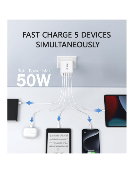 Cargador Rápido USB C 50W Qwinjwin 5 Puertos Blanco