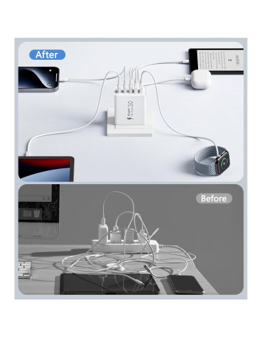 Cargador Rápido USB C 50W Qwinjwin 5 Puertos Blanco