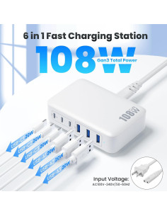 Cargador USB C 108W GaN III 6 Puertos Rápido Gkutw Blanco 2