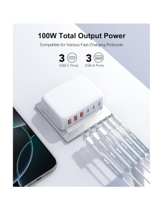 Cargador Rápido USB C 6 Puertos CSODINCE 100W PD 3.0 Blanco 2