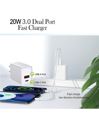 Cargador USB C Rápido 20W Doble Puerto KOCORE Blanco 2 Pzs