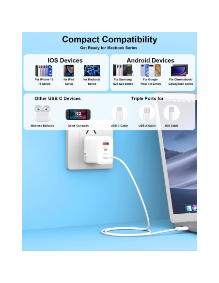 Cargador USB C Jiunai 65W 3 Puertos GaN Plegable con Cable 2m