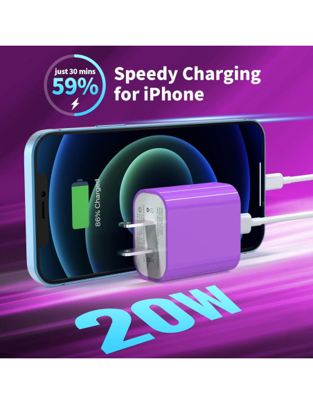 3Pack Cargador USB C 20W iGENJUN Adaptador Rápido Púrpura