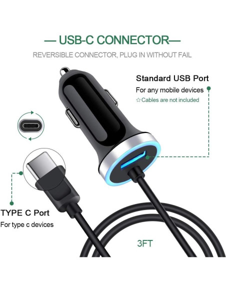 Cargador de coche USB C Sidpro 3.4A con cable de 1m