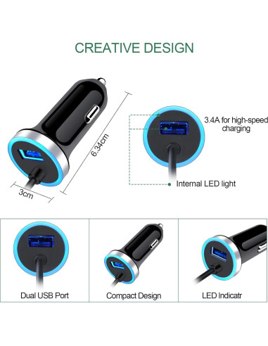 Cargador de coche USB C Sidpro 3.4A con cable de 1m