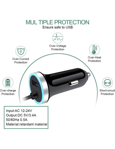 Cargador de coche USB C Sidpro 3.4A con cable de 1m