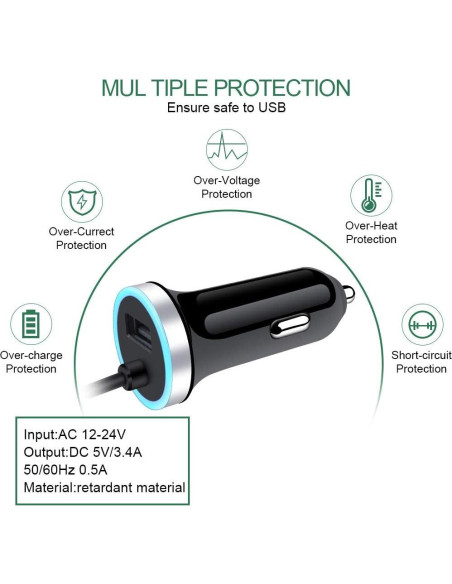 Cargador de coche USB C Sidpro 3.4A con cable de 1m