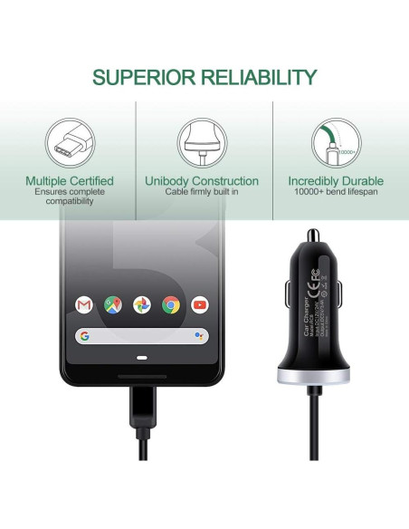 Cargador de coche USB C Sidpro 3.4A con cable de 1m