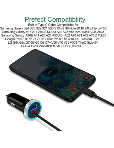 Cargador de coche USB C Sidpro 3.4A con cable de 1m