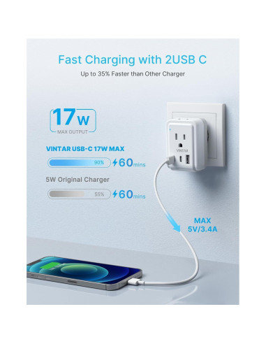 Adaptador de Enchufe de Viaje VINTAR Tipo C 2 Paquetes 17W