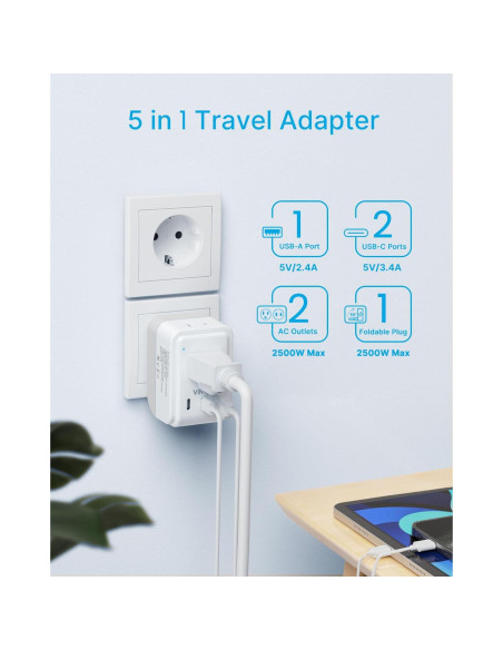 Adaptador de Enchufe de Viaje VINTAR Tipo C 2 Paquetes 17W