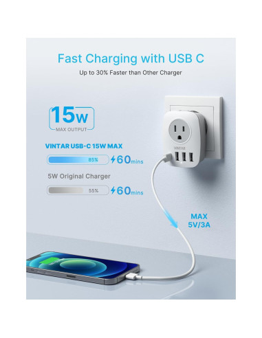Adaptador de Enchufe de Viaje VINTAR Tipo C 6 en 1 USB