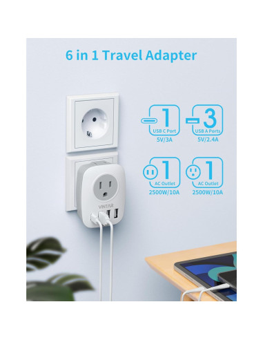 Adaptador de Enchufe de Viaje VINTAR Tipo C 6 en 1 USB