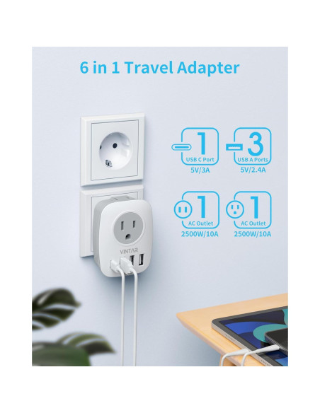 Adaptador de Enchufe de Viaje VINTAR Tipo C 6 en 1 USB