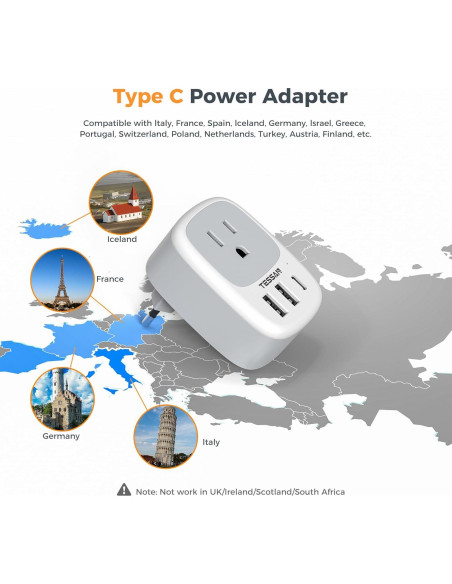 Adaptador de Enchufe de Viaje TESSAN Tipo C con 3 USB Adaptador de Enchufe de Viaje TESSAN Tipo C con 3 USB