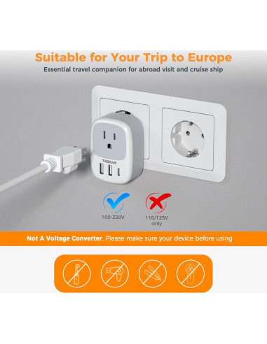 Adaptador de Enchufe de Viaje TESSAN Tipo C con 3 USB