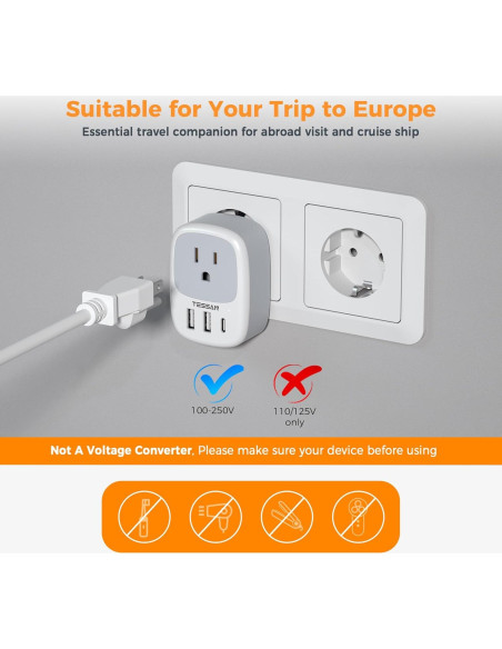 Adaptador de Enchufe de Viaje TESSAN Tipo C con 3 USB Adaptador de Enchufe de Viaje TESSAN Tipo C con 3 USB
