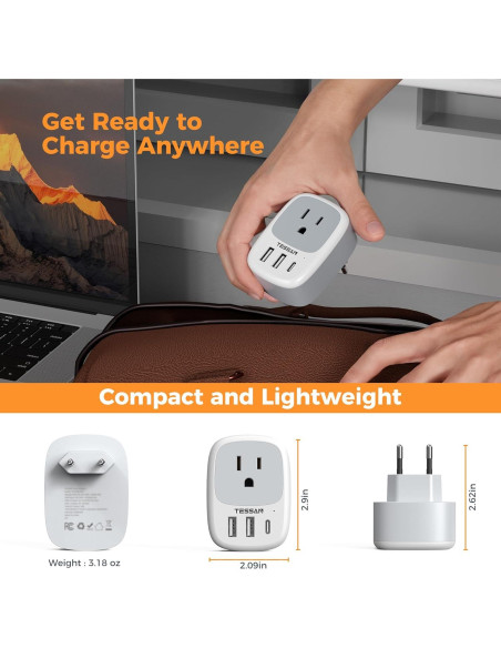 Adaptador de Enchufe de Viaje TESSAN Tipo C con 3 USB Adaptador de Enchufe de Viaje TESSAN Tipo C con 3 USB