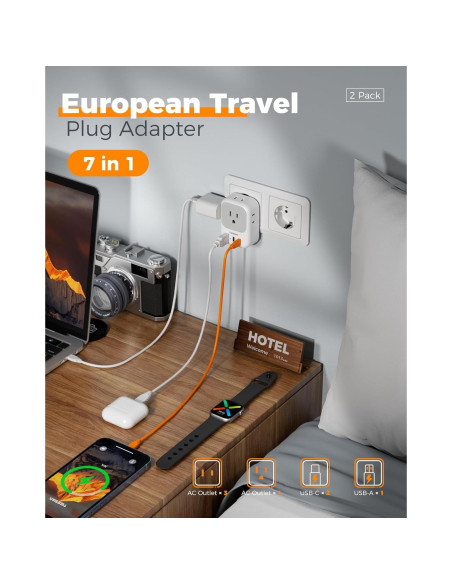 Adaptador de Enchufe de Viaje TESSAN Tipo C con 4 Salidas y 3 USB Adaptador de Enchufe de Viaje TESSAN Tipo C con 4 Salidas y 3 USB