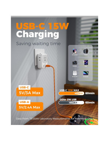 Adaptador de Enchufe de Viaje TESSAN Tipo C con 4 Salidas y 3 USB