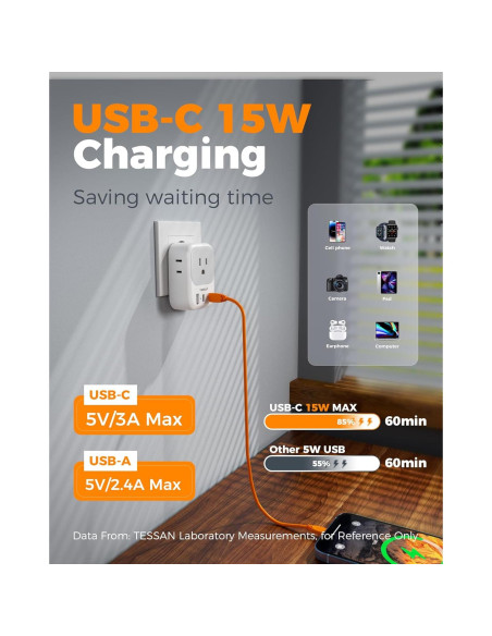Adaptador de Enchufe de Viaje TESSAN Tipo C con 4 Salidas y 3 USB Adaptador de Enchufe de Viaje TESSAN Tipo C con 4 Salidas y 3 USB