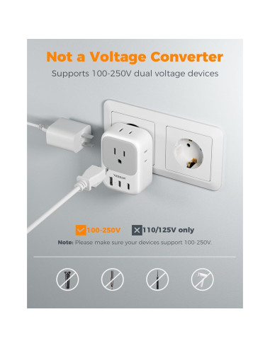 Adaptador de Enchufe de Viaje TESSAN Tipo C con 4 Salidas y 3 USB