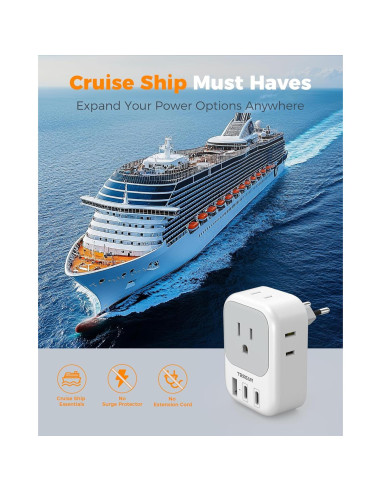 Adaptador de Enchufe de Viaje TESSAN Tipo C con 4 Salidas y 3 USB