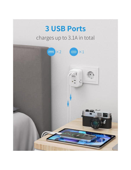 Adaptador de Enchufe de Viaje Europeo Mscien 6 en 1 USB