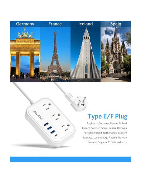 Adaptador de Enchufe de Viaje BESTEK Tipo E/F con 3 USB y PD 20W