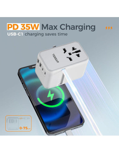 Adaptador de Viaje Universal TESSAN 35W con 6 Puertos USB