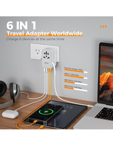 Adaptador de Viaje Universal TESSAN 35W con 6 Puertos USB