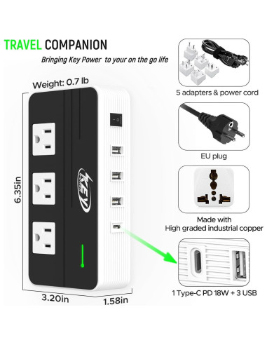 Convertidor de Voltaje 230W Key Power 220V a 110V USB-C