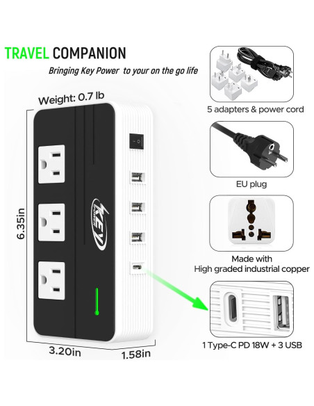 Convertidor de Voltaje 230W Key Power 220V a 110V USB-C