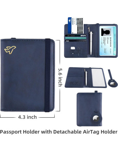 Soporte de Pasaporte WALNEW con Bloqueo RFID y AirTag Azul Marino