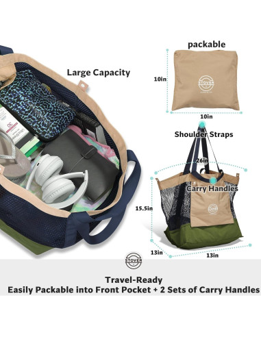 Bolsa de Playa Grande STOVER Verde Militar Plegable con Bolsillos