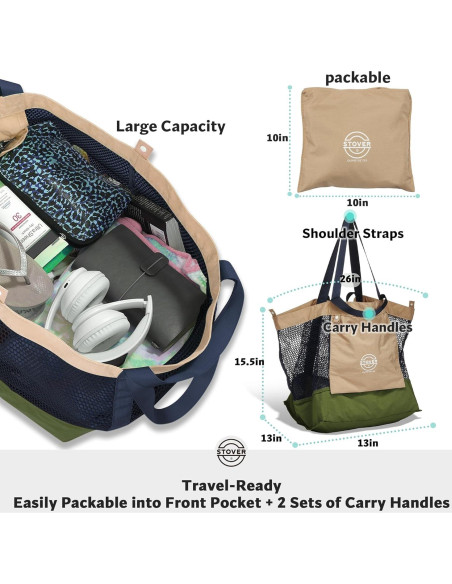 Bolsa de Playa Grande STOVER Verde Militar Plegable con Bolsillos Bolsa de Playa Grande STOVER Verde Militar Plegable con Bolsillos