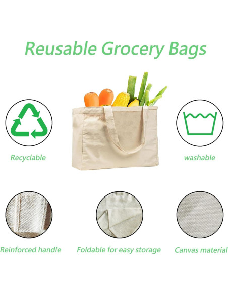 3 Piezas Bolsas de Compras Reutilizables Lona 30x20x10cm Blancas