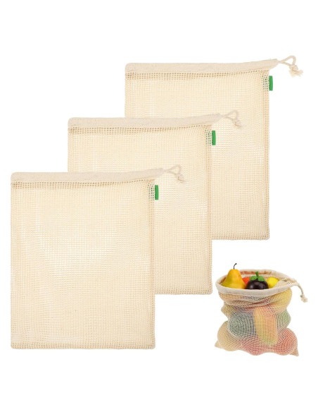 Paquete de 3 Bolsas Reutilizables de Algodón 33x28 cm